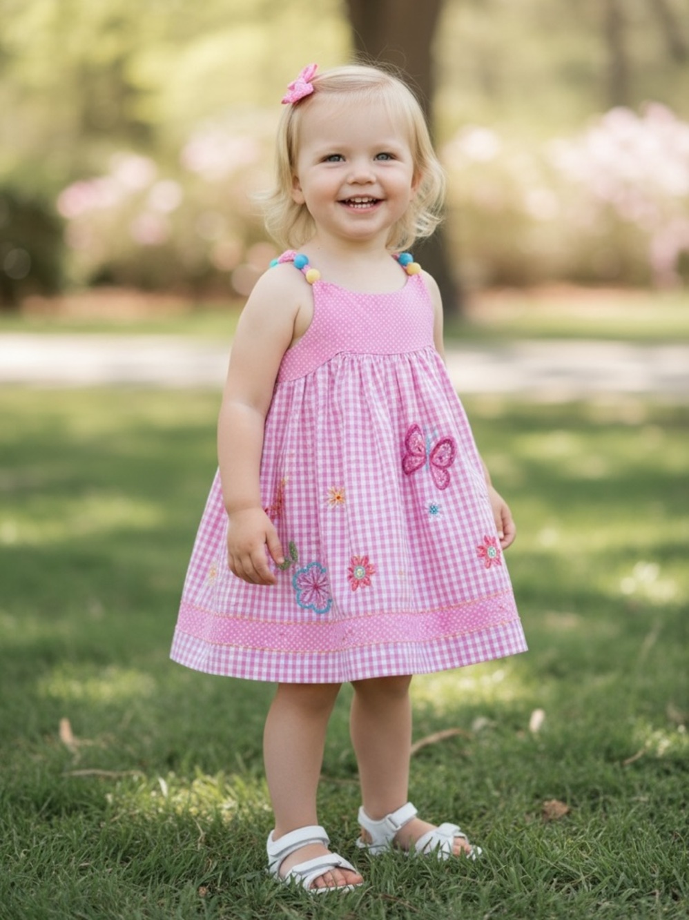 Youngland Toddler Girl Pink Gingham Butterfly Embroidered Dress 2T